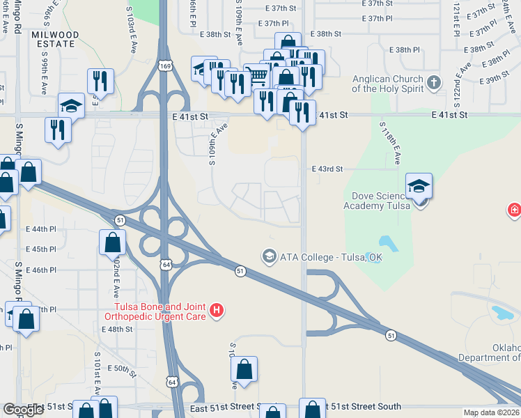 map of restaurants, bars, coffee shops, grocery stores, and more near 17617 East 44th Place in Tulsa