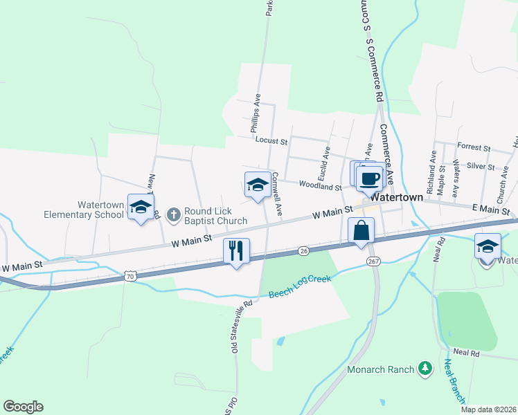 map of restaurants, bars, coffee shops, grocery stores, and more near 515 West Main Street in Watertown