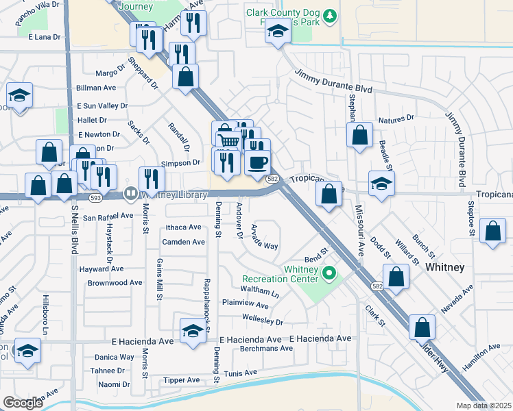 map of restaurants, bars, coffee shops, grocery stores, and more near 5500-5520 East Tropicana Avenue in Las Vegas