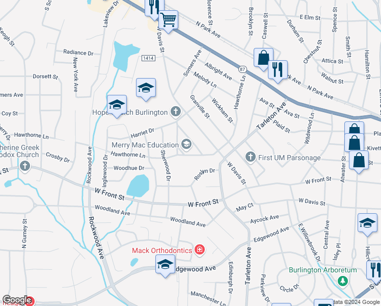 map of restaurants, bars, coffee shops, grocery stores, and more near 1522 Shadylawn Drive in Burlington