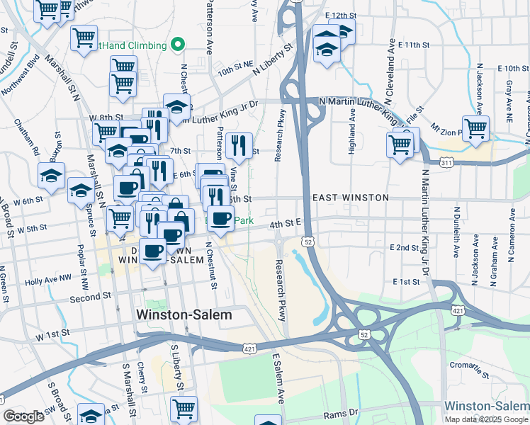 map of restaurants, bars, coffee shops, grocery stores, and more near 562 5th Street East in Winston-Salem