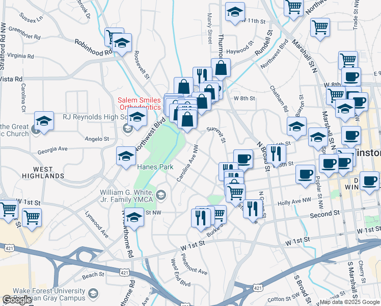 map of restaurants, bars, coffee shops, grocery stores, and more near 1405 Pilot View Street in Winston-Salem