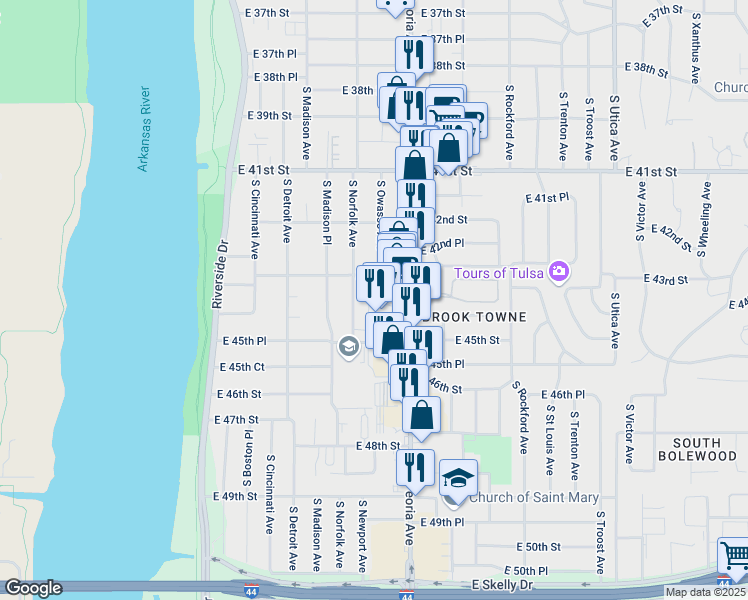 map of restaurants, bars, coffee shops, grocery stores, and more near 4306 South Owasso Avenue in Tulsa