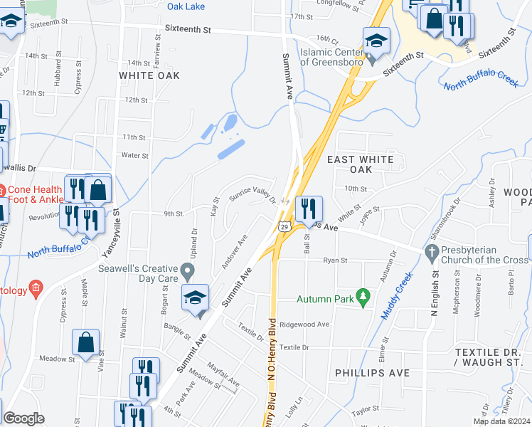 map of restaurants, bars, coffee shops, grocery stores, and more near 1601 Andover Avenue in Greensboro