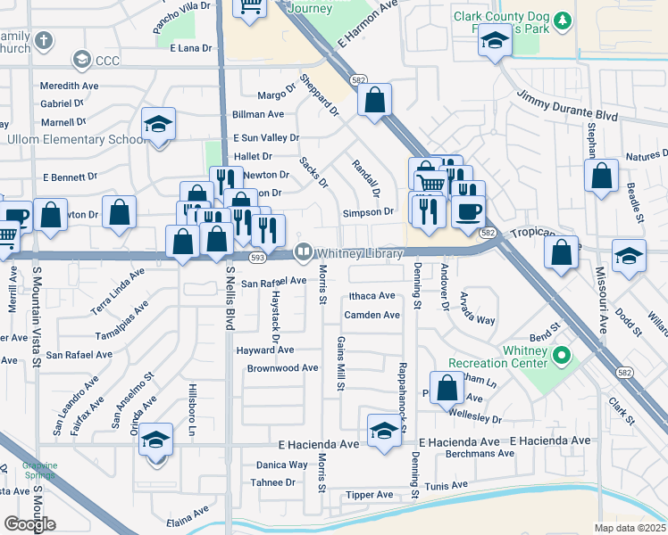 map of restaurants, bars, coffee shops, grocery stores, and more near in Whitney