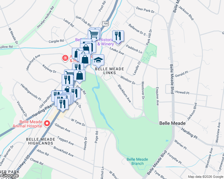 map of restaurants, bars, coffee shops, grocery stores, and more near 224 Harding Place in Nashville