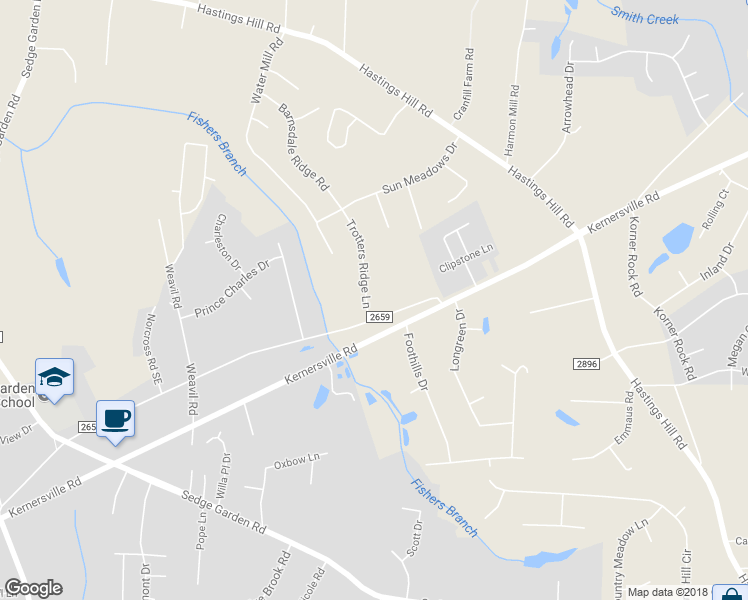 map of restaurants, bars, coffee shops, grocery stores, and more near 675 Trotters Ridge Lane in Kernersville