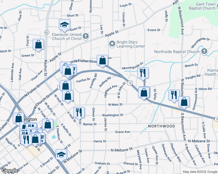 map of restaurants, bars, coffee shops, grocery stores, and more near 218 Highland Avenue in Burlington