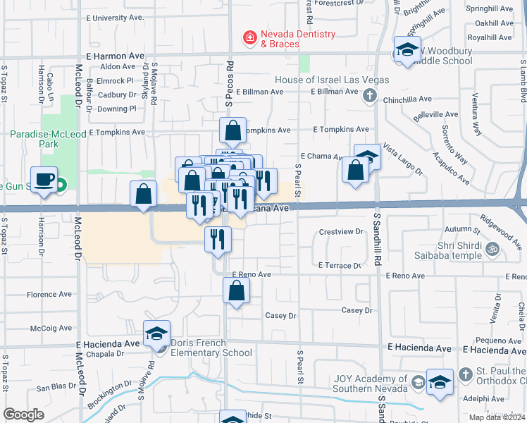 map of restaurants, bars, coffee shops, grocery stores, and more near 3538 Villa Knolls North Drive in Las Vegas