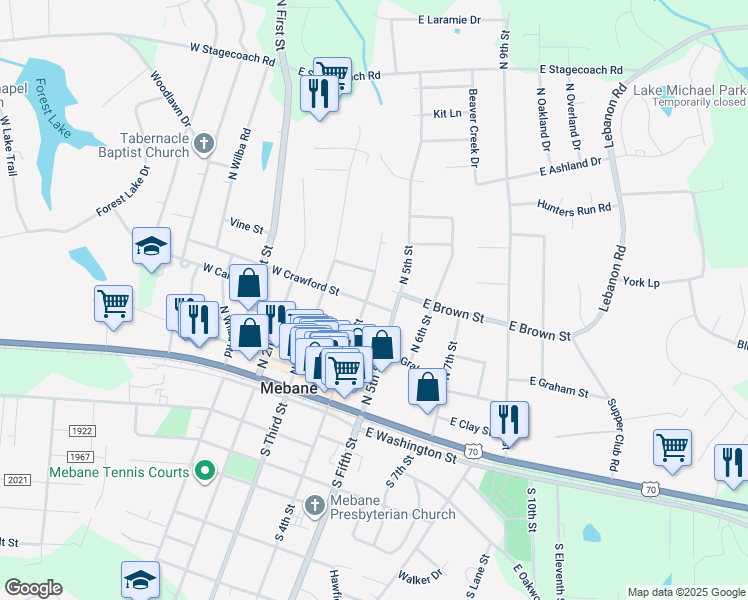 map of restaurants, bars, coffee shops, grocery stores, and more near 101 Crawford Street in Mebane
