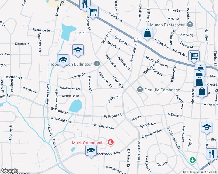 map of restaurants, bars, coffee shops, grocery stores, and more near 1522 Shadylawn Drive in Burlington