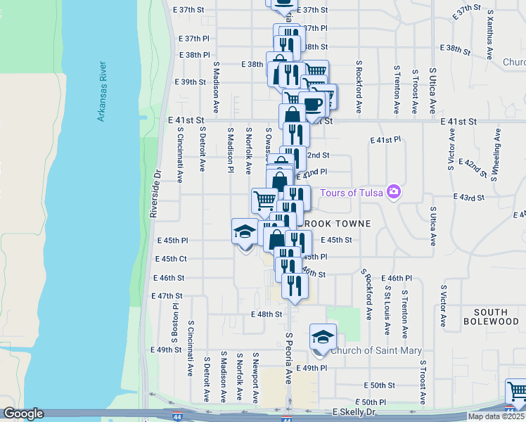 map of restaurants, bars, coffee shops, grocery stores, and more near 4306 South Owasso Avenue in Tulsa