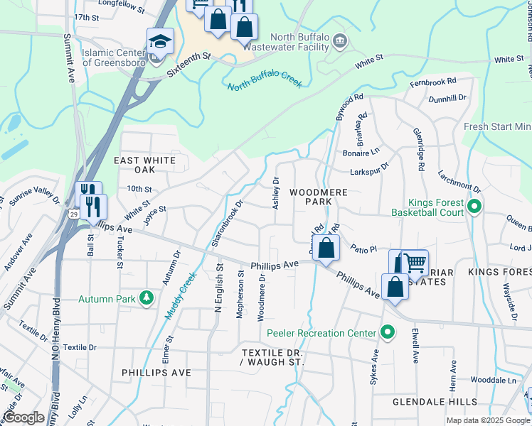 map of restaurants, bars, coffee shops, grocery stores, and more near 1912 Weyland Drive in Greensboro