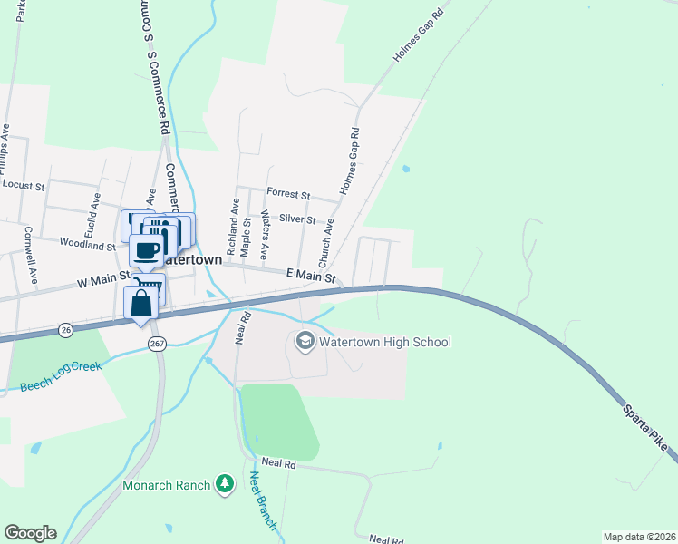 map of restaurants, bars, coffee shops, grocery stores, and more near 106 Hayes Avenue in Watertown