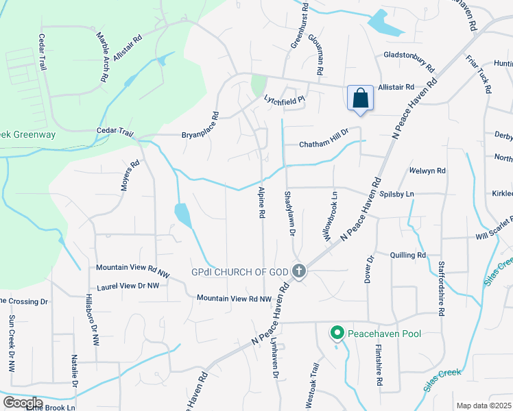 map of restaurants, bars, coffee shops, grocery stores, and more near 636 Alpine Road in Winston-Salem