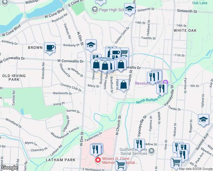 map of restaurants, bars, coffee shops, grocery stores, and more near 2000 Golden Gate Drive in Greensboro