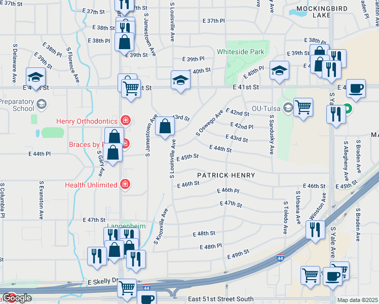map of restaurants, bars, coffee shops, grocery stores, and more near 3740 East 44th Street in Tulsa