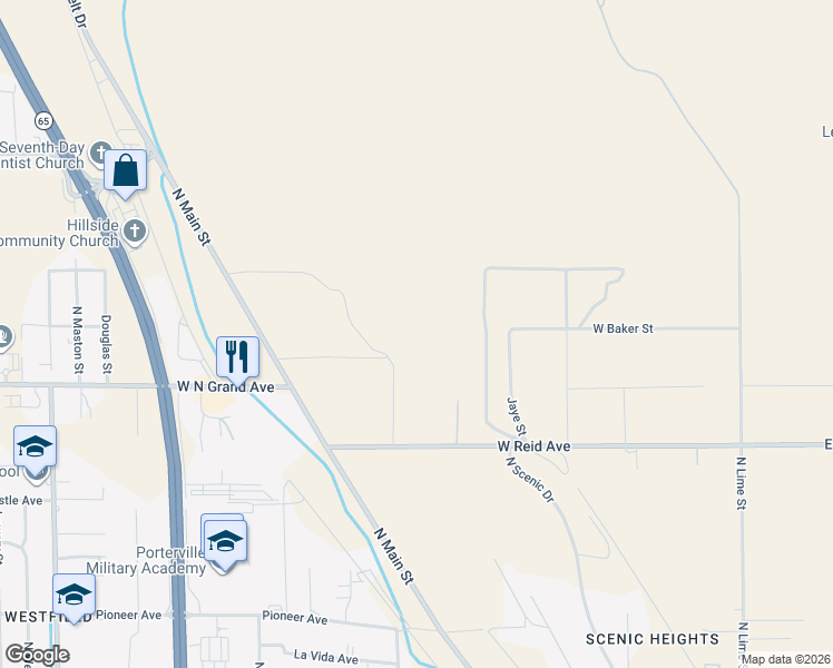 map of restaurants, bars, coffee shops, grocery stores, and more near 1850 North Main Street in Porterville