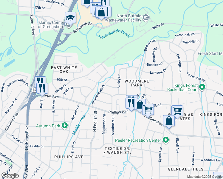 map of restaurants, bars, coffee shops, grocery stores, and more near 1908 Weyland Drive in Greensboro