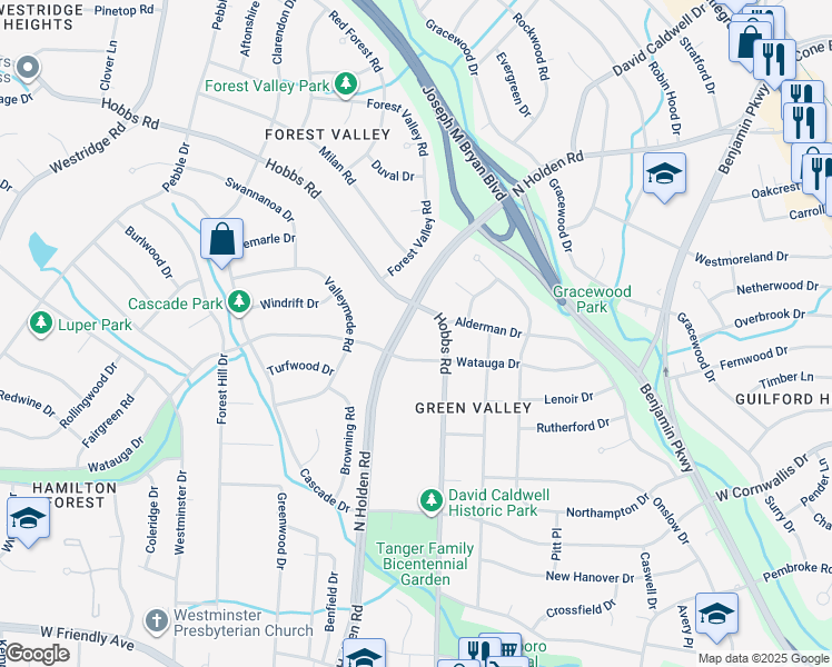 map of restaurants, bars, coffee shops, grocery stores, and more near 1304 North Holden Road in Greensboro