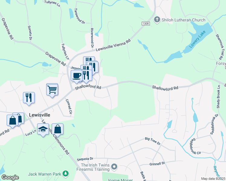 map of restaurants, bars, coffee shops, grocery stores, and more near 6114 Shallowford Road in Lewisville