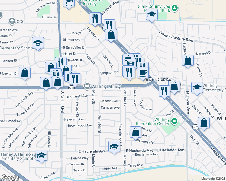 map of restaurants, bars, coffee shops, grocery stores, and more near 5350 East Tropicana Avenue in Las Vegas
