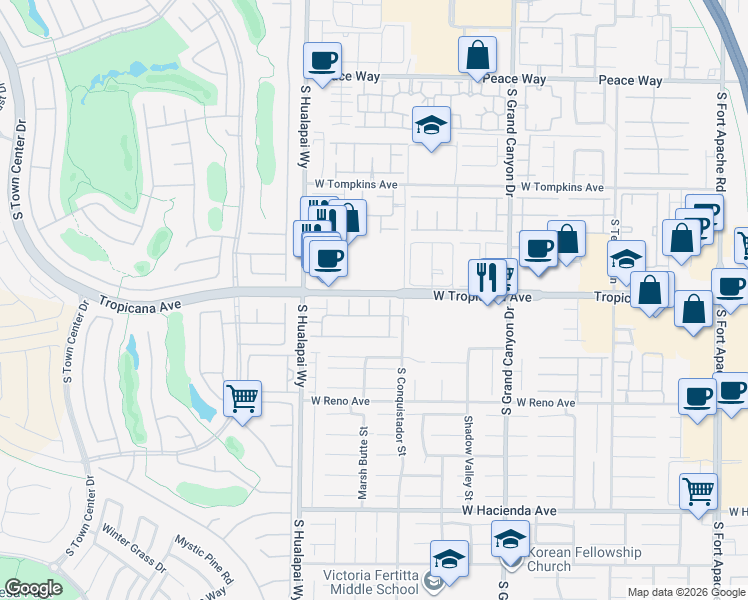 map of restaurants, bars, coffee shops, grocery stores, and more near 10090 West Tropicana Avenue in Las Vegas
