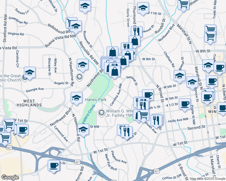 map of restaurants, bars, coffee shops, grocery stores, and more near 1405 Pilot View Street in Winston-Salem