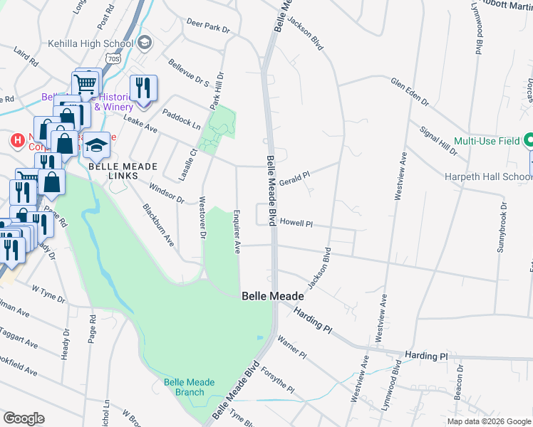 map of restaurants, bars, coffee shops, grocery stores, and more near 609 Belle Meade Boulevard in Nashville