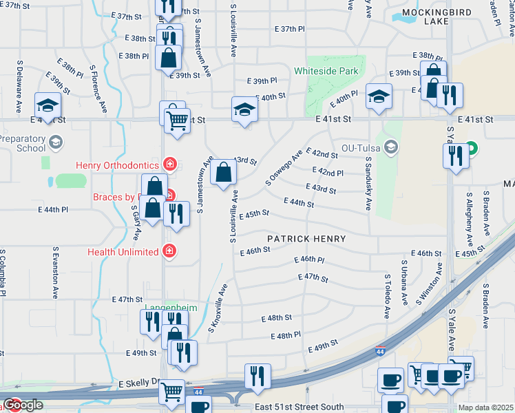 map of restaurants, bars, coffee shops, grocery stores, and more near 3740 East 44th Street in Tulsa