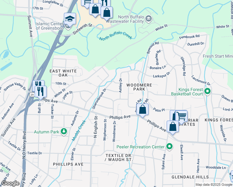 map of restaurants, bars, coffee shops, grocery stores, and more near 1912 Weyland Drive in Greensboro