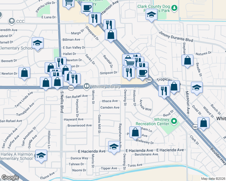 map of restaurants, bars, coffee shops, grocery stores, and more near 5350 East Tropicana Avenue in Las Vegas