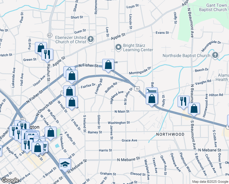 map of restaurants, bars, coffee shops, grocery stores, and more near 218 Highland Avenue in Burlington