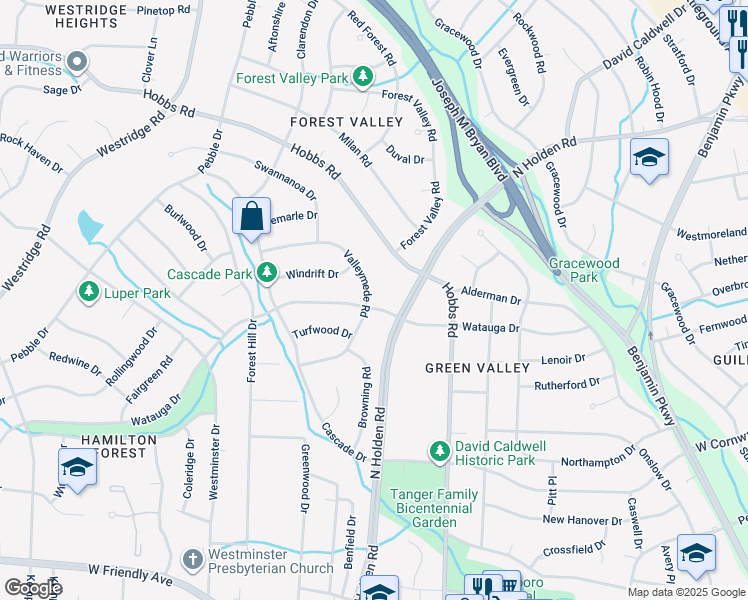 map of restaurants, bars, coffee shops, grocery stores, and more near 3206 Watauga Drive in Greensboro