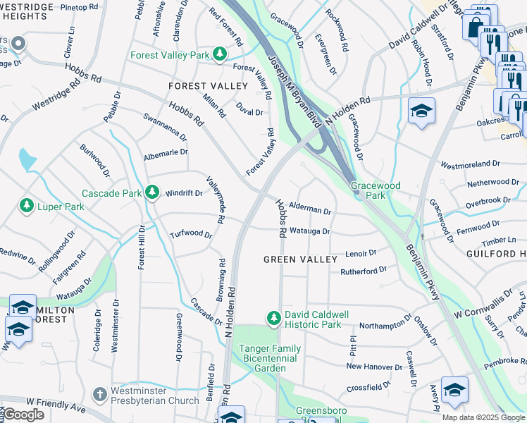 map of restaurants, bars, coffee shops, grocery stores, and more near 1304 North Holden Road in Greensboro