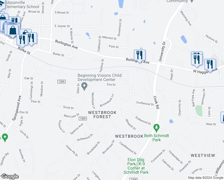 map of restaurants, bars, coffee shops, grocery stores, and more near 304 Brownbark Lane in Gibsonville