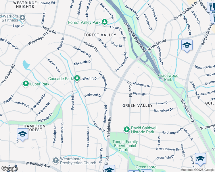 map of restaurants, bars, coffee shops, grocery stores, and more near 3206 Watauga Drive in Greensboro