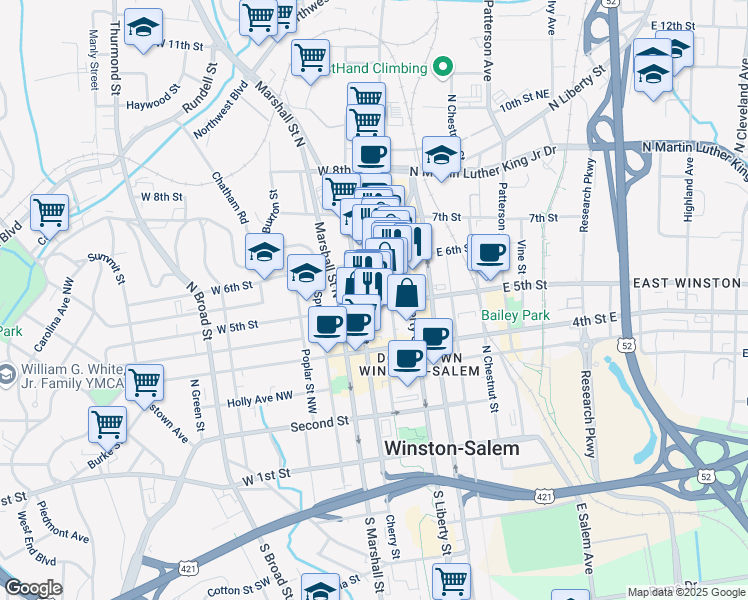 map of restaurants, bars, coffee shops, grocery stores, and more near 527 North Cherry Street in Winston-Salem