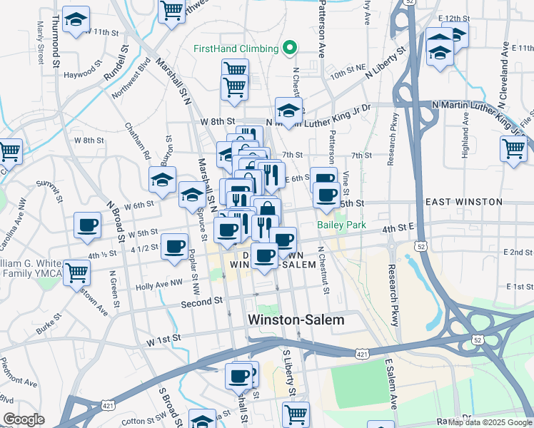 map of restaurants, bars, coffee shops, grocery stores, and more near in Winston-Salem