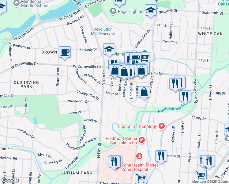map of restaurants, bars, coffee shops, grocery stores, and more near 203 Macy Street in Greensboro