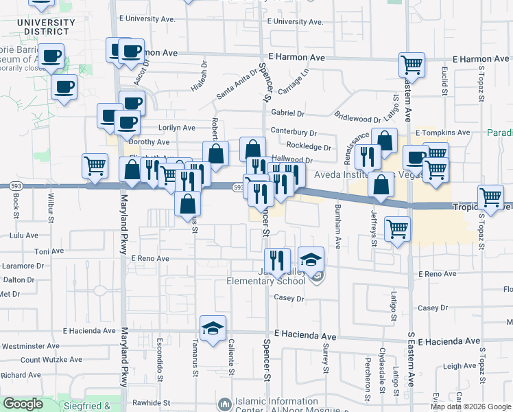 map of restaurants, bars, coffee shops, grocery stores, and more near 1801 Spencer Street in Las Vegas