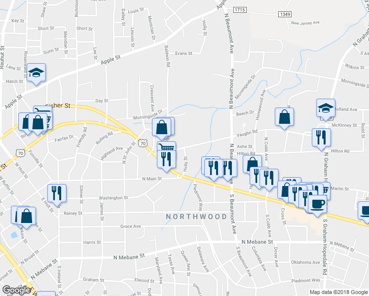 map of restaurants, bars, coffee shops, grocery stores, and more near 1201 Vaughn Road in Burlington