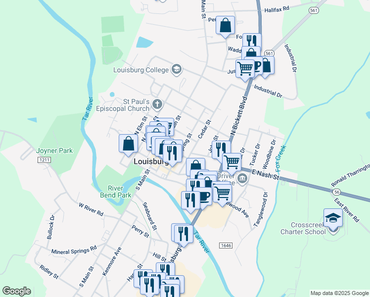 map of restaurants, bars, coffee shops, grocery stores, and more near 203 Spring Street in Louisburg