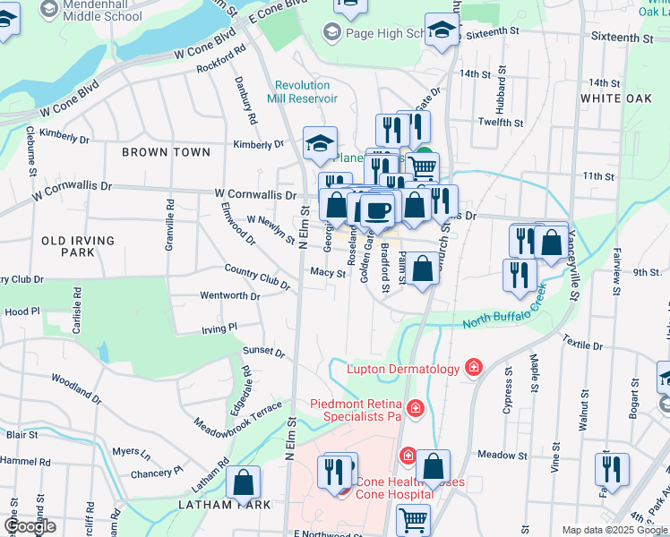 map of restaurants, bars, coffee shops, grocery stores, and more near 203 Macy Street in Greensboro