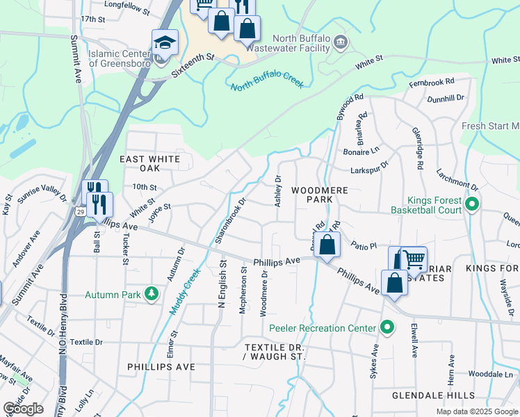 map of restaurants, bars, coffee shops, grocery stores, and more near 1908 Weyland Drive in Greensboro