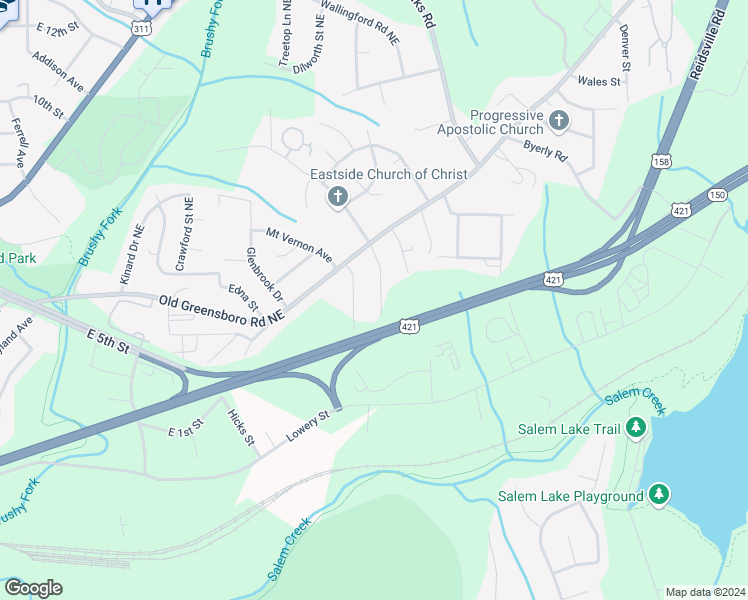 map of restaurants, bars, coffee shops, grocery stores, and more near 418 Barbara Jane Avenue Northeast in Winston-Salem