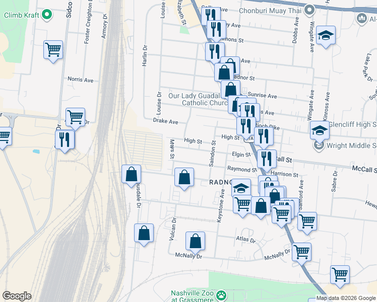 map of restaurants, bars, coffee shops, grocery stores, and more near 514 Elgin Street in Nashville