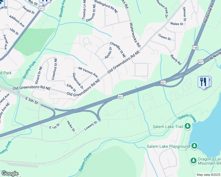 map of restaurants, bars, coffee shops, grocery stores, and more near 418 Barbara Jane Avenue Northeast in Winston-Salem