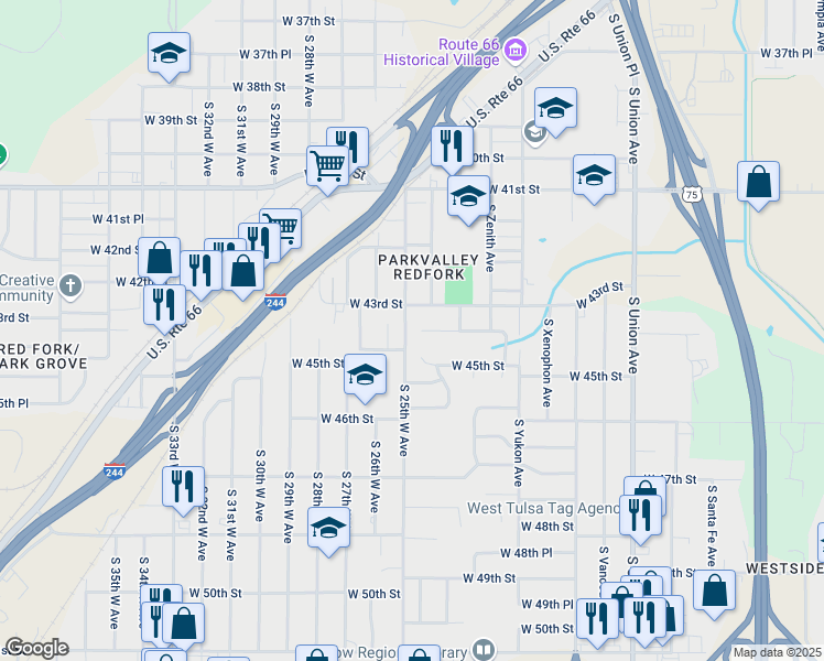 map of restaurants, bars, coffee shops, grocery stores, and more near 2408 West 43rd Street in Tulsa