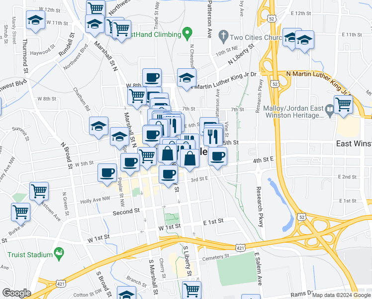 map of restaurants, bars, coffee shops, grocery stores, and more near 20 East 5th Street in Winston-Salem